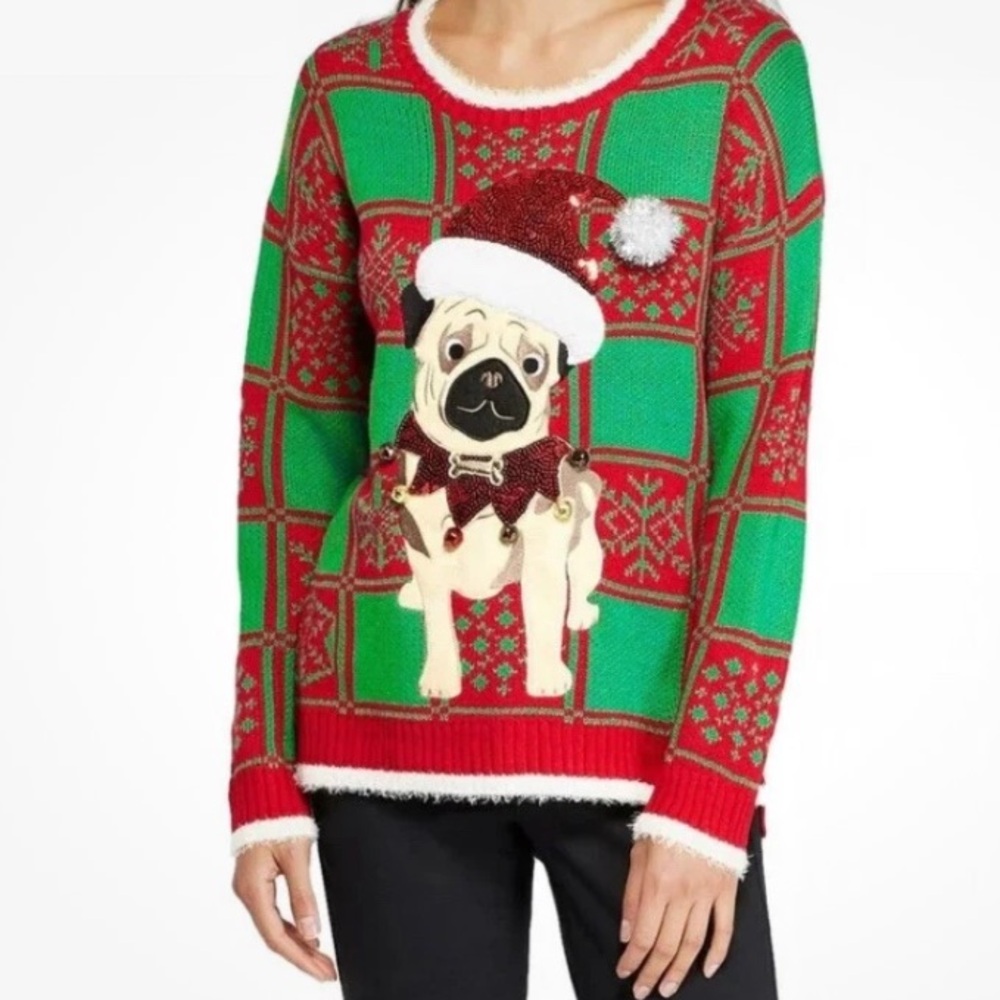 Christmas knit sweater put puppy for the holidays women’s XL 128 pug